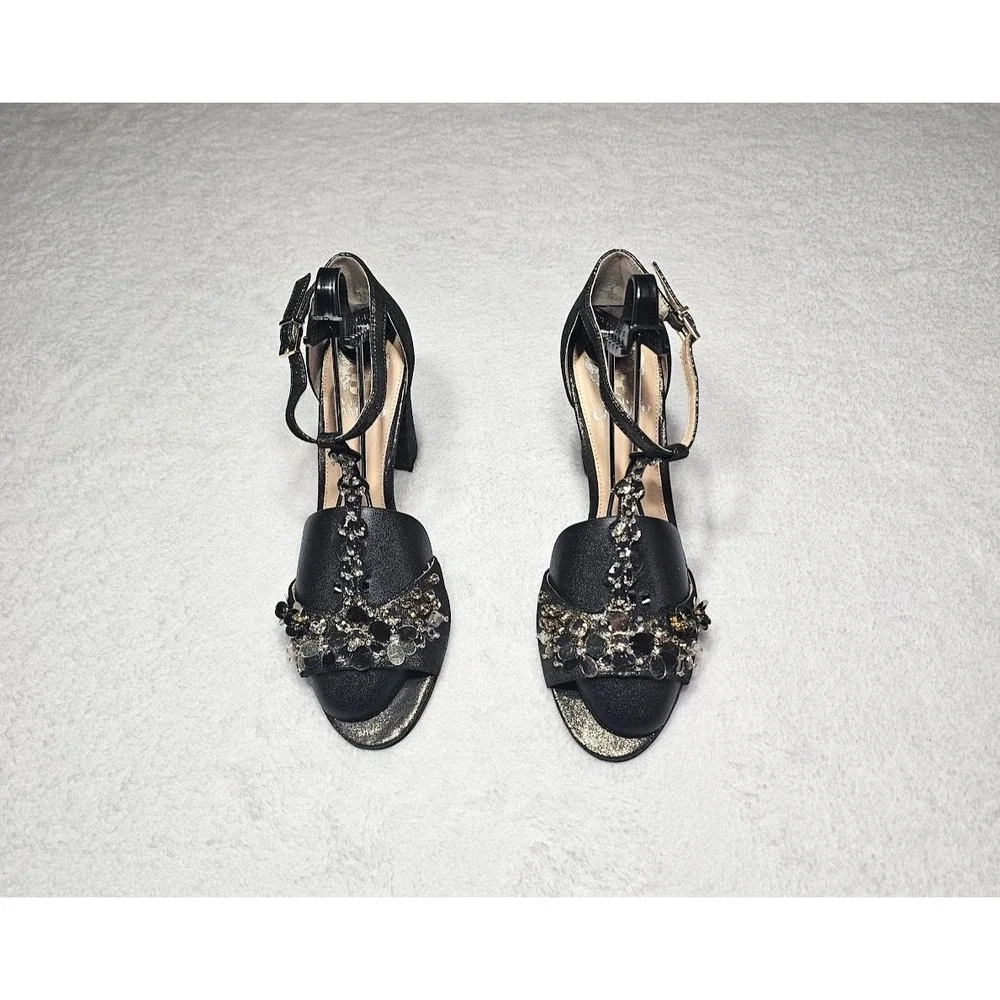 Vince Camuto Serafine Titanium Dazzle Suede Embellished T-Strap Block Heels 10M